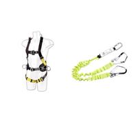 Portwest 2 Point Comfort Plus Harness, Size: One Size, Colour: Black, FP15BKR & Double Elasticated Lanyard With Shock Absorber, Size: One Size, Colour: Yellow, FP52YER