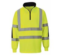 Portwest B308 Xenon Hi Vis Rugby Shirt Durable Cotton Polyester Sweatshirt Reflective Jumper UV Protection 1/4 Zip Ribbed Cuffs EN ISO 20471 Certified Safety Workwear Top, Yellow, M