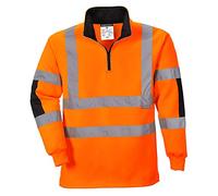 Portwest B308 Xenon Hi Vis Rugby Shirt Durable Cotton Polyester Sweatshirt Reflective Jumper UV Protection 1/4 Zip Ribbed Cuffs EN ISO 20471 Certified Safety Workwear Top, Orange, XXL
