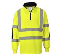 Portwest B308 Xenon Hi-Vis Rugby Shirt Mens Workwear Long Sleeve Reflective Tape Quarter Zip Pullover Jumper Sweatshirt Construction Rail Highway Worker Safety Top, Yellow, XXXL