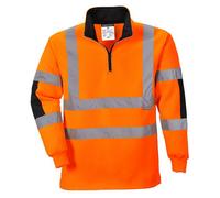 Portwest B308 Xenon Hi Vis Rugby Shirt Durable Cotton Polyester Sweatshirt Reflective Jumper UV Protection 1/4 Zip Ribbed Cuffs EN ISO 20471 Certified Safety Workwear Top, Orange, M