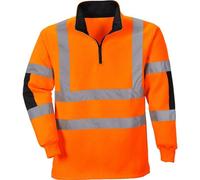 Portwest B308 Xenon Hi Vis Rugby Shirt Durable Cotton Polyester Sweatshirt Reflective Jumper UV Protection 1/4 Zip Ribbed Cuffs EN ISO 20471 Certified Safety Workwear Top, Orange, S