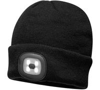 (One Size, Black) Portwest - Unisex Beanie Hat With LED Head Light Torch Rechargeable Via USB