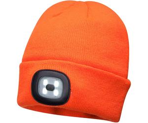 Portwest Beanie Hat and USB Rechargeable LED Head Light Orange One Size