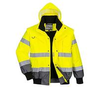 Portwest C465 Hi-Vis 3-in-1 Waterproof Contrast Hooded Bomber Jacket with Pockets - Reflective Outdoor Safety Security Workwear Coat, Yellow/Grey, XL