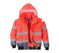 Portwest C465 Hi-Vis 3-in-1 Waterproof Contrast Hooded Bomber Jacket with Pockets - Reflective Outdoor Safety Security Workwear Coat, Red/Navy, L