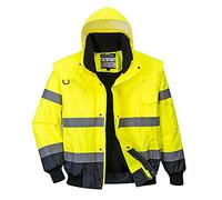 Portwest C465 Hi-Vis 3-in-1 Waterproof Contrast Hooded Bomber Jacket with Pockets - Reflective Outdoor Safety Security Workwear Coat, Yellow/Navy, XS