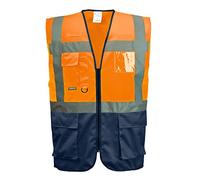 Portwest C476 Warsaw Hi-Vis Contrast Executive Sleeveless Safety Vest with Pockets - Reflective High Viz Outdoor Safety Workwear, Orange/Navy, S