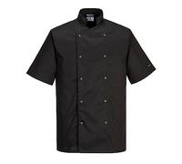 Portwest C733 Cumbria Chef Jacket Lightweight Short Sleeve Unisex Polycotton Workwear Stud Front Mandarin Collar Sleeve Pocket for Professional Kitchens, Black, XXXL