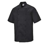 Portwest C734 Chef Jacket Protective Safety Short Sleeve Coat Stain Resistant Durable Workwear Unisex Professional Modern Chesfswear, Black, Large
