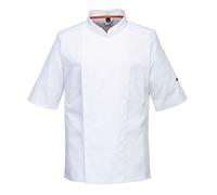 Portwest C738 Men's Mesh Air Pro Chef Jacket Short Sleeve Breathable Durable Slim Fit Texpel Finish Workwear Apron with Sleeve Pocket Machine Washable, White, XL