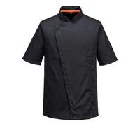 Portwest C739 Chefs MeshAir Pro Asymmetrical Jacket Short Sleeve Lightweight Breathable Slim Fit Zip Front Polycotton Texpel Finish Durable Catering Workwear, Black, L