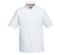 Portwest C739 Chefs MeshAir Pro Asymmetrical Jacket Short Sleeve Lightweight Breathable Slim Fit Zip Front Polycotton Texpel Finish Durable Catering Workwear, White, XL