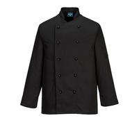 Portwest C834 Chef's Somerset Jacket Machine Washable Cuff Vents | Black, Small, Regular Fit, Polycotton Kingsmill Twill, Mandarin Collar, Sleeve Pocket, Easy Care, Reversible Front, Catering