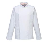 Portwest C846 Chef Jacket MeshAir Pro Stretch Long Sleeve Slim Fit Durable Twill Breathable Concealed Stud Front Texpel Finish Catering Workwear, White, L