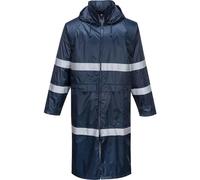 Portwest F438 Men's Waterproof Raincoat - Reflective Long Rain Jacket with Hood and Pockets Navy, X-Large