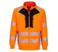 Portwest DX477 DX4 Hi Vis Funnel Neck Zipped Sweatshirt Work Safety Outerwear Bonded Polyester Fleece Segmented Reflective Tape Secure Pockets Adjustable Hood Ergonomic Fit Certified, Orange/Black, S