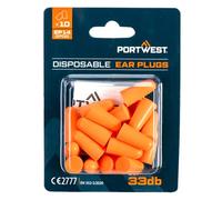 Portwest EP14 PU Foam Disposable Ear Plugs 10 Pairs | Orange, One Size, SNR 33dB, EN 352-2, Soft Tapered Foam, Disposable, CE Certified, Blister Pack