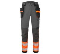 Portwest EV442 EV4 Hi-Vis Stretch Water Resistant Work Trousers with Detachable Holster Pocket - Reflective Breathable Waterproof High Visibility Workwear, Orange/Metal Grey, 46