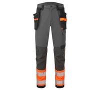 Portwest EV442 EV4 Hi-Vis Stretch Water Resistant Work Trousers with Detachable Holster Pocket - Reflective Breathable Waterproof High Visibility Workwear, Orange/Metal Grey, 33