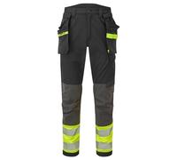 Portwest EV442 EV4 Hi-Vis Stretch Water Resistant Work Trousers with Detachable Holster Pocket - Reflective Breathable High Visibility Workwear, Yellow/Black, 33