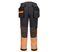 Portwest EV442 EV4 Hi-Vis Stretch Water Resistant Work Trousers with Detachable Holster Pocket - Reflective Breathable Waterproof High Visibility Workwear, Orange/Metal Grey, 48