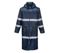 Portwest F438 Men's Waterproof Raincoat - Reflective Long Rain Jacket with Hood and Pockets Navy, Large