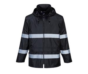 Portwest F440 Men's Hi Vis Waterproof Rain Jacket Multi Pocket Long Sleeve | Black, EN 17353, Classic Fit, Polyester, Breathable Ventilation, Machine Washable, High Visibility, Reflective, Zip Front
