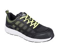 Portwest FT15 Steel Textile Trainer KPU/ Mesh Lace-Up Fastening Lightweight | Black/Green, 11, S1P EN ISO 20345, CE Certified, Anti-Static Footwear, Slip Resistant Outsole, Durable, Flock Lined