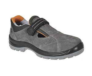 Portwest FW42 Steel Cow Suede Leather Sandal Back Pull-Tab Padded Tongue | Grey, 4, S1 EN ISO 20345, CE Certified, Adjustable Webbing Strap, Slip Resistant Outsole, Anti-Static Footwear, Dual Density