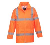 Portwest H440 Waterproof Hi Vis Rain Jacket Mens Reflective Protective Wear Lightweight Hooded Work Coat Breathable Safety Jacket Bio Motion Tape Two Lower Pockets, Orange, XS
