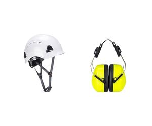 Portwest Height Endurance Vented Helmet, Size: One Size, Colour: White, PS63WHR & Endurance HV Clip-On Ear Protector, Size: One Size, Colour: Yellow, PS47YER