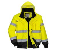 Portwest C465 Hi-Vis 3-in-1 Waterproof Contrast Hooded Bomber Jacket with Pockets - Reflective Outdoor Safety Security Workwear Coat, Yellow/Black, L