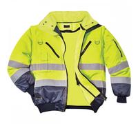 Portwest PJ50 Hi-Vis 3-in-1 Pilot Jacket Waterproof Reflective Workwear Coat Detachable Sleeves Fur Liner Multi-Pocket Fleece Lining EN ISO 20471 Certified, Yellow/Navy, L