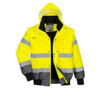 Portwest C465 Hi-Vis 3-in-1 Waterproof Contrast Hooded Bomber Jacket with Pockets - Reflective Outdoor Safety Security Workwear Coat, Yellow/Grey, S