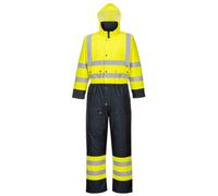 Portwest S485 Men's Hi Vis Winter Work Coveralls Waterproof 300D Polyester Protective Boiler Suit Durable Overalls Thermal Lined Workwear Rain Suit, Yellow/Navy, Medium