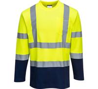 Portwest Hi Vis Cotton Comfort Contrast Long Sleeve T Shirt Yellow / Navy 2XL