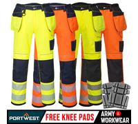 Portwest T501 Mens PW3 Hi Vis Work Trousers - Holster Pocket Workwear Safety Construction Trousers Orange/Black Short, 42