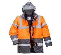 Portwest S467 Men's Hi Vis Contrast Winter Traffic Jacket EN342 CE Certified Waterproof Quilt Lined Storm Flap Reflective Tape Hood Safety Coat, Orange/Grey, XL