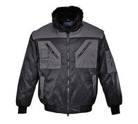 Portwest PJ20 Two Tone Pilot Jacket Long Sleeve Water Resistant Radio Loop | Black/Grey, Medium, UPF 50+, Regular Fit, 60% Cotton, 40% Polyester, Phone Pocket, Side Pockets, Ribbed Cuffs, Workwear