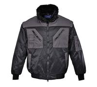 Portwest PJ20 Two Tone Pilot Jacket Long Sleeve Water Resistant Radio Loop | Black/Grey, X Large, UPF 50+, Regular Fit, 60% Cotton, 40% Polyester, Phone Pocket, Side Pockets, Ribbed Cuffs, Workwear
