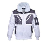 Portwest PJ20 Two Tone Pilot Jacket Long Sleeve Water Resistant Radio Loop | White, X Small, UPF 50+, Regular Fit, 60% Cotton, Phone Pocket, Side Pockets, Ribbed Cuffs, Shower-Proof Finish, Workwear