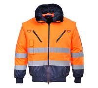 Portwest PJ50 Hi-Vis 3-in-1 Pilot Jacket Waterproof Reflective Workwear Coat Detachable Sleeves Fur Liner Multi-Pocket Fleece Lining EN ISO 20471 Certified, Orange/Navy, XL