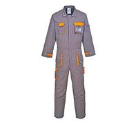 Portwest TX15 Men's Texo Contrast Coveralls Durable Cotton Protective Work Overalls Workwear Knee Pad Pockets Two-Way Zip Elastic Waist Boiler Suit for Mechanics Warehouse Garages DIY, Grey, S