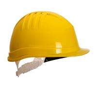 Portwest PS60 Expertline Safety Helmet Slip Ratchet Head Protection HDPE Lightweight Vented Shell Six Point Harness Adjustable Fit Extended Rear Nape Rain Gutter, Yellow, One Size
