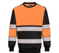 Portwest PW376 PW3 Hi Vis Class 1 Sweatshirt Comfortable Cotton Blend Fabric Reflective Tape Crew Neck Ribbed Cuffs UV Protection Certified Workwear, Orange/Black, L