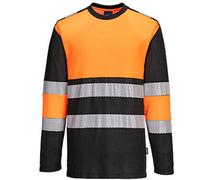 Portwest PW312 PW3 Hi Vis Cotton Comfort Long Sleeve T Shirt Breathable Lightweight Moisture Wicking Reflective Tape UV Protection Certified Workwear, Orange/Black, M