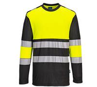 Portwest PW312 PW3 Hi Vis Cotton Comfort Long Sleeve T Shirt Breathable Lightweight Moisture Wicking Reflective Tape UV Protection Certified Workwear, Yellow/Black, M