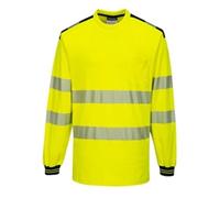 Portwest T185 PW3 Hi-Vis Cotton Comfort T-Shirt Long Sleeve Ribbed Cuffs | Yellow/Black, Medium, EN ISO 20471 Class 3, RIS 3279-TOM, UPF 40+, Regular Fit, Moisture Wicking Fabric, Chest Pocket, Rail