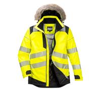 Portwest PW369 PW3 Hi Vis Winter Parka Waterproof Insulated Fur Hood Coat Yellow